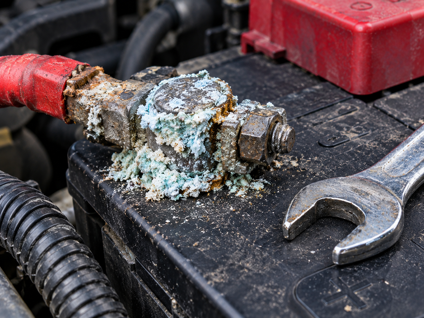 Corroded car battery terminals that need inspection