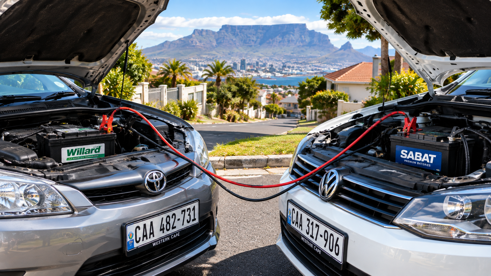 Two cars connected with jumper cables for a jumpstart in Cape Town
