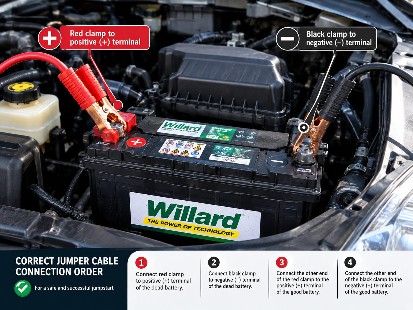 Correct jumper cable connection order for a safe car jumpstart