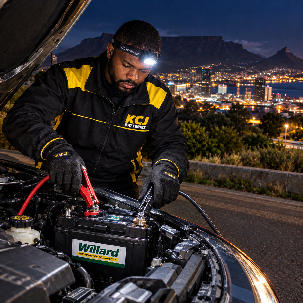 KCJ Batteries technician performing a safe night-time jumpstart in Cape Town